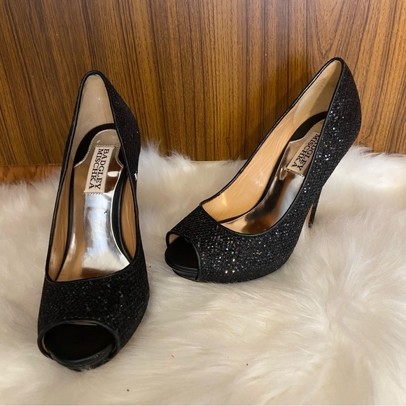 BNWOB Badgley Mischka Humble black sparkle peep toe heels‎  in size 6 - Picture 1 of 11